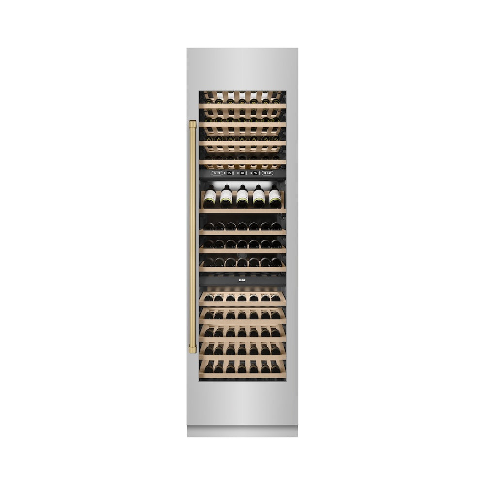 ZLINE Autograph Edition 24 in. 12.4 cu. ft. Triple Zone 100 Bottle Column Wine Cooler in Stainless Steel and Champagne Bronze Accents (RCWVZ-304-24-CB)