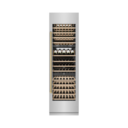 ZLINE Autograph Edition 24 in. 12.4 cu. ft. Triple Zone 100 Bottle Column Wine Cooler in Stainless Steel and Champagne Bronze Accents (RCWVZ-304-24-CB)