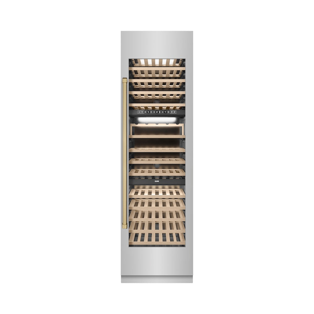 ZLINE Autograph Edition 24 in. 12.4 cu. ft. Triple Zone 100 Bottle Column Wine Cooler in Stainless Steel and Champagne Bronze Accents (RCWVZ-304-24-CB)