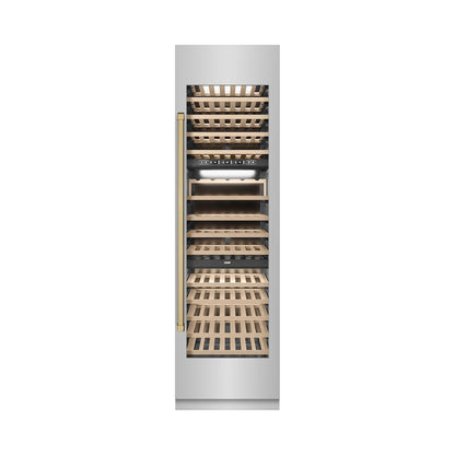 ZLINE Autograph Edition 24 in. 12.4 cu. ft. Triple Zone 100 Bottle Column Wine Cooler in Stainless Steel and Champagne Bronze Accents (RCWVZ-304-24-CB)