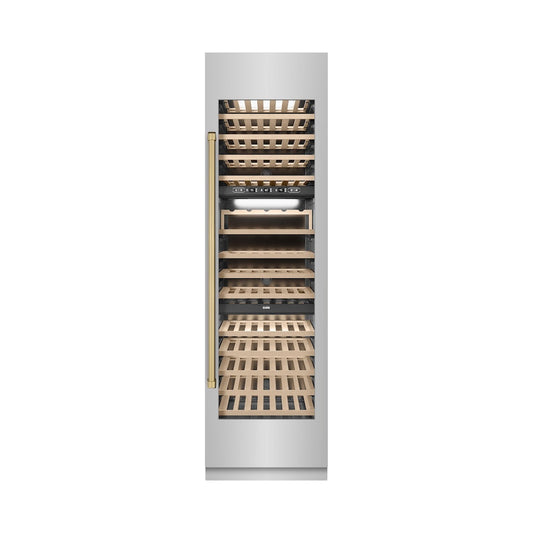 ZLINE Autograph Edition 24 in. 12.4 cu. ft. Triple Zone 100 Bottle Column Wine Cooler in Stainless Steel and Champagne Bronze Accents (RCWVZ-304-24-CB)