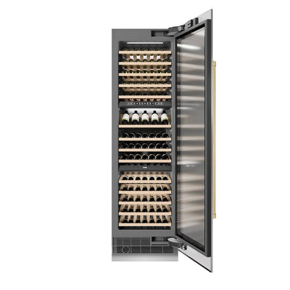 ZLINE Autograph Edition 24 in. 12.4 cu. ft. Triple Zone 100 Bottle Column Wine Cooler in Stainless Steel and Champagne Bronze Accents (RCWVZ-304-24-CB)