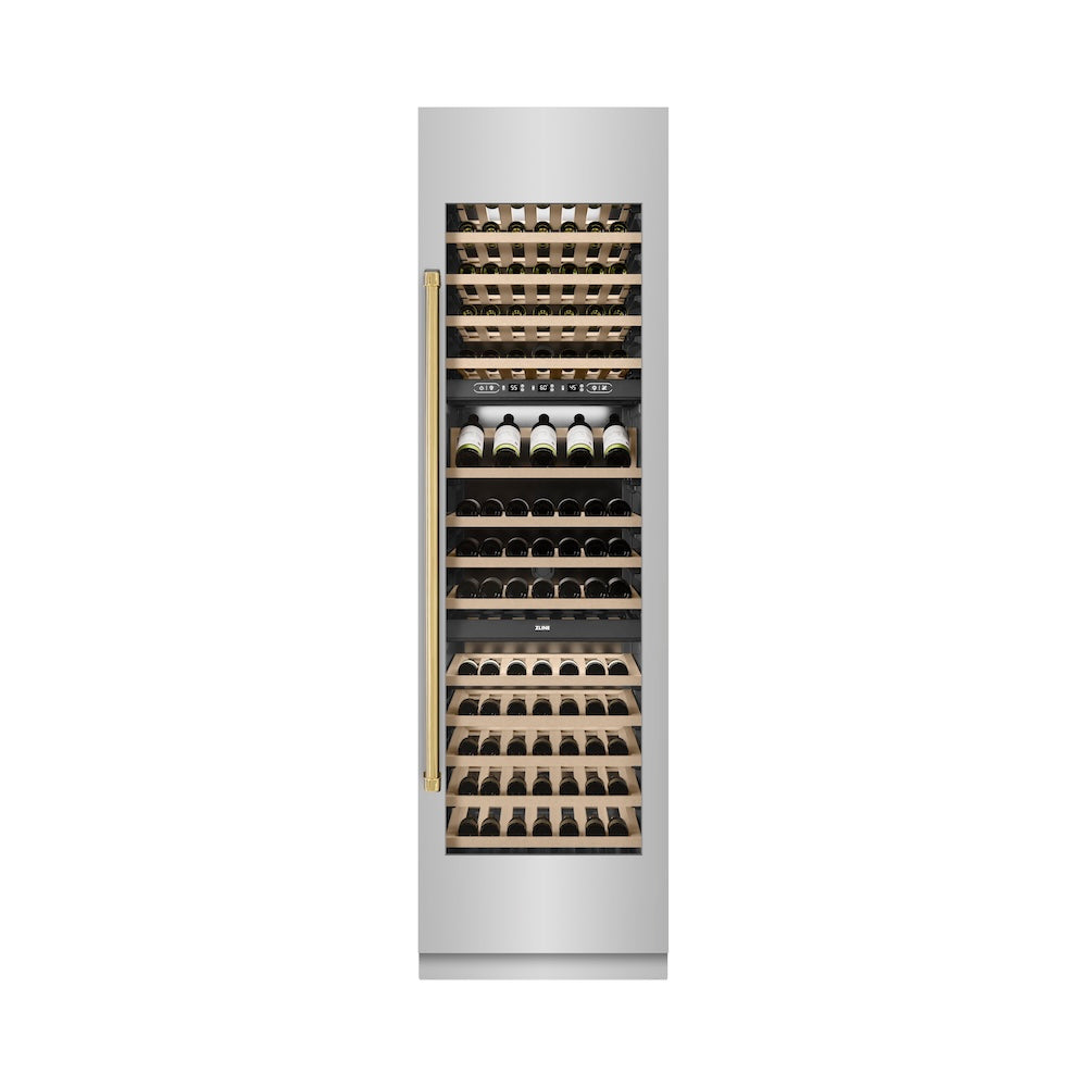 ZLINE Autograph Edition 24 in. 12.4 cu. ft. Triple Zone 100 Bottle Column Wine Cooler in Stainless Steel and Polished Gold Accents (RCWVZ-304-24-G)