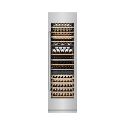 ZLINE Autograph Edition 24 in. 12.4 cu. ft. Triple Zone 100 Bottle Column Wine Cooler in Stainless Steel and Polished Gold Accents (RCWVZ-304-24-G)