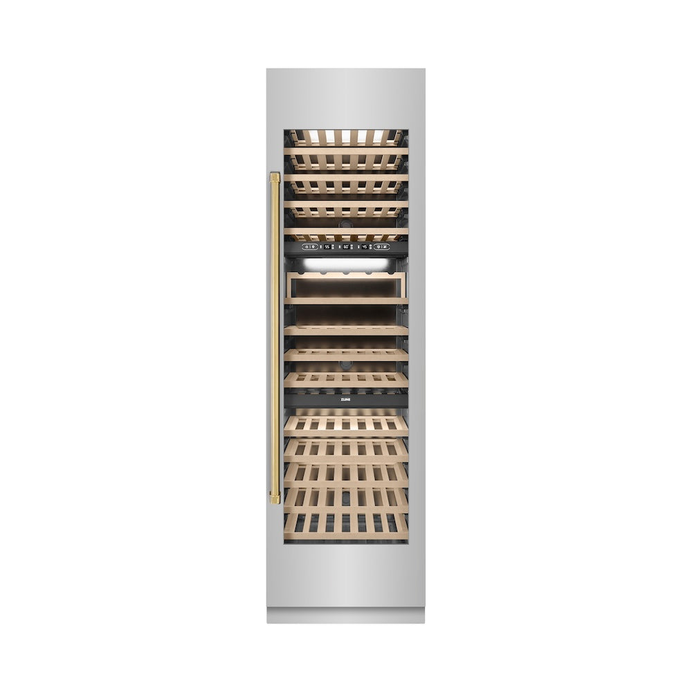 ZLINE Autograph Edition 24 in. 12.4 cu. ft. Triple Zone 100 Bottle Column Wine Cooler in Stainless Steel and Polished Gold Accents (RCWVZ-304-24-G)