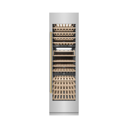 ZLINE Autograph Edition 24 in. 12.4 cu. ft. Triple Zone 100 Bottle Column Wine Cooler in Stainless Steel and Polished Gold Accents (RCWVZ-304-24-G)