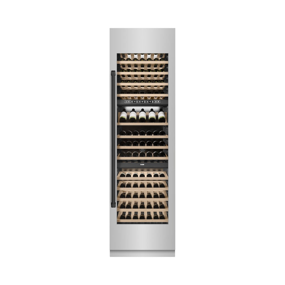 ZLINE Autograph Edition 24 in. 12.4 cu. ft. Triple Zone 100 Bottle Column Wine Cooler in Stainless Steel and Matte Black Accents (RCWVZ-304-24-MB)