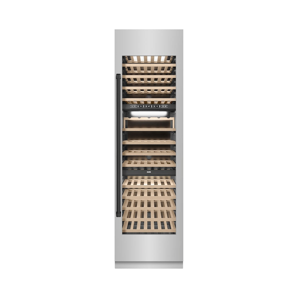 ZLINE Autograph Edition 24 in. 12.4 cu. ft. Triple Zone 100 Bottle Column Wine Cooler in Stainless Steel and Matte Black Accents (RCWVZ-304-24-MB)