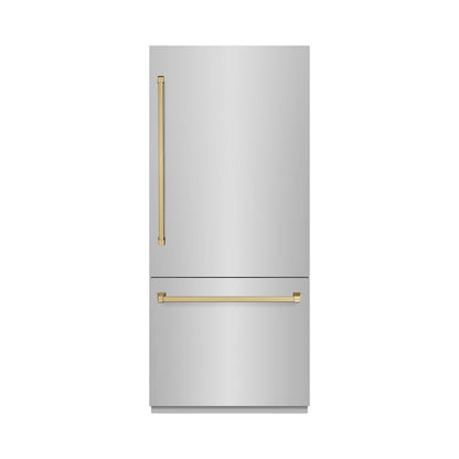 ZLINE Autograph Edition 36 in. 19.8 cu. ft. Built-In Bottom Freezer Refrigerator with Water Dispenser and Ice Maker in Stainless Steel with Graphite Gray Interior and Champagne Bronze Accents (GRBITZ-304-36CB)