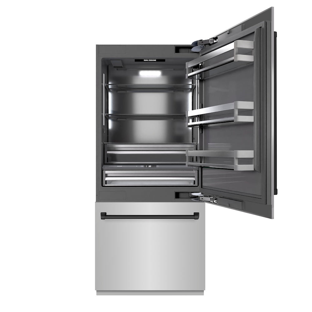 ZLINE Autograph Edition 36 in. 19.8 cu. ft. Built-In Bottom Freezer Refrigerator with Water Dispenser and Ice Maker in Stainless Steel with Graphite Gray Interior and Matte Black Accents (GRBITZ-304-36MB)