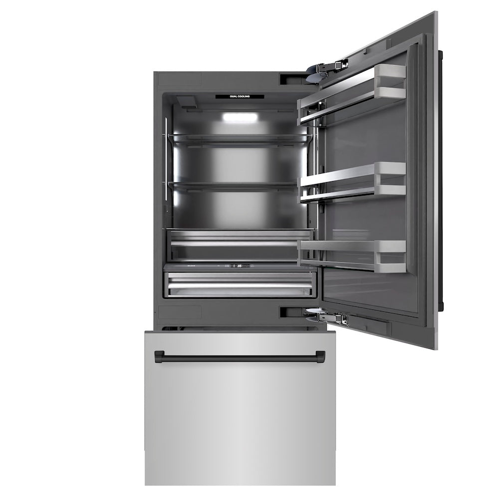 ZLINE Autograph Edition 36 in. 19.8 cu. ft. Built-In Bottom Freezer Refrigerator with Water Dispenser and Ice Maker in Stainless Steel with Graphite Gray Interior and Matte Black Accents (GRBITZ-304-36MB)