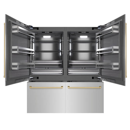 ZLINE Autograph Edition 72 in. 39.6 cu. ft. French Door Built-In Bottom Freezer Refrigerator with Water Dispensers and Ice Makers in Stainless Steel with Graphite Gray Interior and Champagne Bronze Accents (GRBITZ-304-72CB)