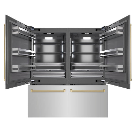 ZLINE Autograph Edition 72 in. 39.6 cu. ft. French Door Built-In Bottom Freezer Refrigerator with Water Dispensers and Ice Makers in Stainless Steel with Graphite Gray Interior and Champagne Bronze Accents (GRBITZ-304-72CB)