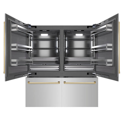 ZLINE Autograph Edition 72 in. 39.6 cu. ft. French Door Built-In Bottom Freezer Refrigerator with Water Dispensers and Ice Makers in Stainless Steel with Graphite Gray Interior and Polished Gold Accents (GRBITZ-304-72G)