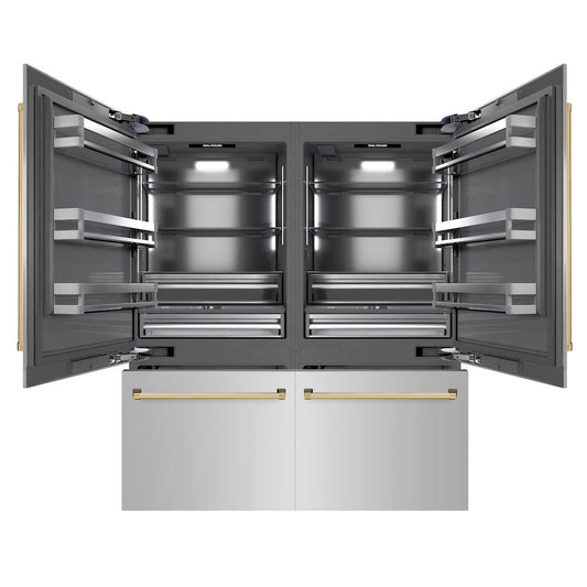 ZLINE Autograph Edition 72 in. 39.6 cu. ft. French Door Built-In Bottom Freezer Refrigerator with Water Dispensers and Ice Makers in Stainless Steel with Graphite Gray Interior and Polished Gold Accents (GRBITZ-304-72G)