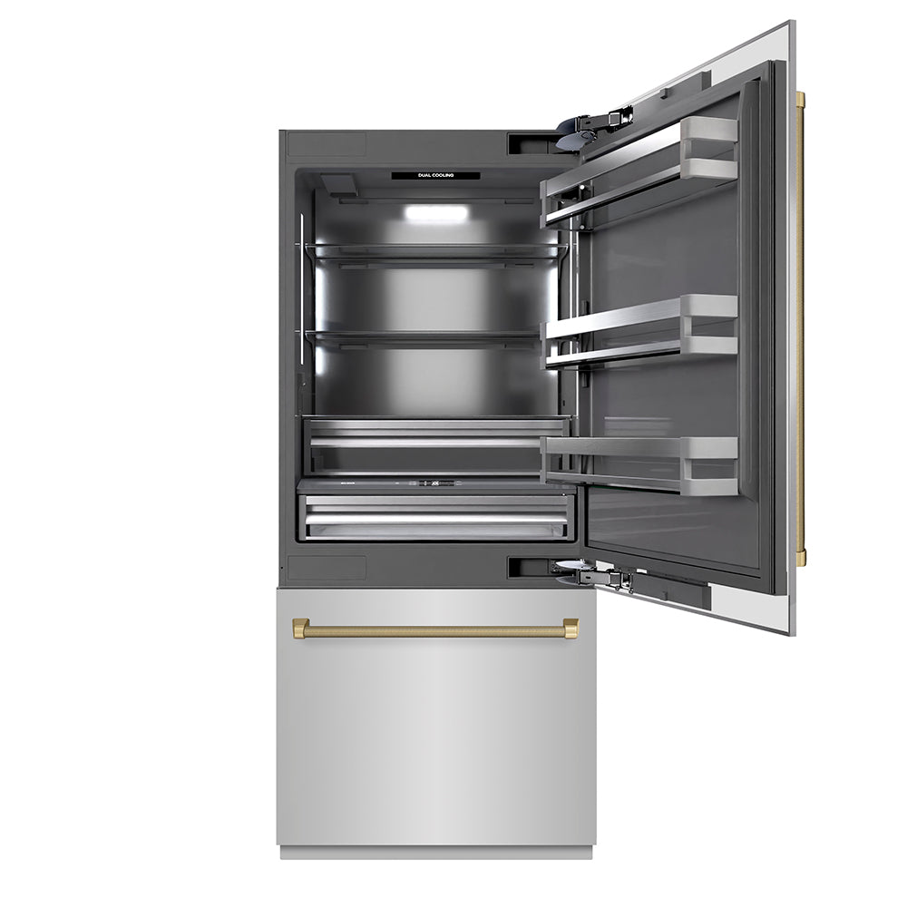 ZLINE Autograph Edition 36 in. 19.8 cu. ft. Built-In Bottom Freezer Refrigerator with Water Dispenser and Ice Maker in Stainless Steel with Graphite Gray Interior and Champagne Bronze Helix Handles (GRBITZ-30436KCB)