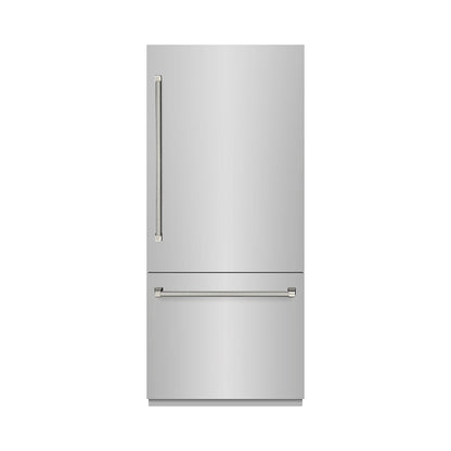 ZLINE Autograph Edition 36 in. 19.8 cu. ft. Built-In Bottom Freezer Refrigerator with Water Dispenser and Ice Maker in Stainless Steel with Graphite Gray Interior and Polished Nickel Helix Handles (GRBITZ-30436KPN)