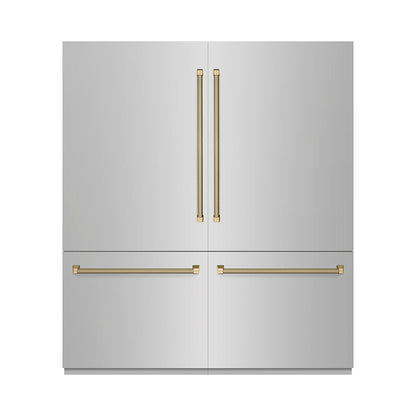 ZLINE Autograph Edition 72 in. 39.6 cu. ft. French Door Built-In Bottom Freezer Refrigerator with Water Dispensers and Ice Makers in Stainless Steel with Graphite Gray Interior and Champagne Bronze Helix Handles (GRBITZ-30472KCB)