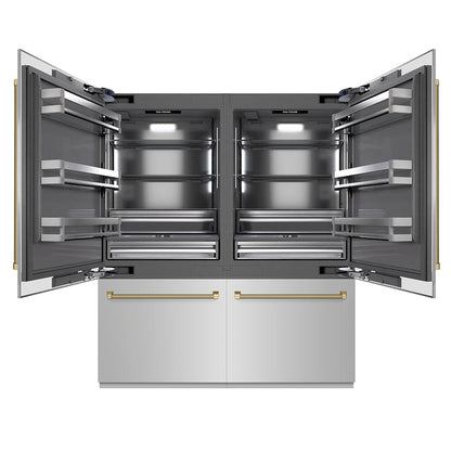 ZLINE Autograph Edition 72 in. 39.6 cu. ft. French Door Built-In Bottom Freezer Refrigerator with Water Dispensers and Ice Makers in Stainless Steel with Graphite Gray Interior and Champagne Bronze Helix Handles (GRBITZ-30472KCB)