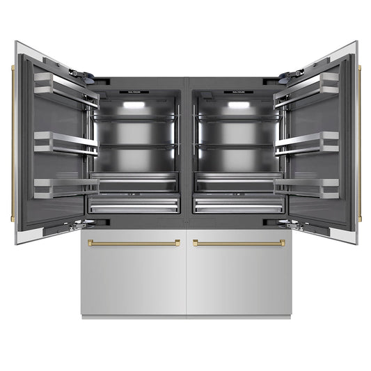 ZLINE Autograph Edition 72 in. 39.6 cu. ft. French Door Built-In Bottom Freezer Refrigerator with Water Dispensers and Ice Makers in Stainless Steel with Graphite Gray Interior and Champagne Bronze Helix Handles (GRBITZ-30472KCB)