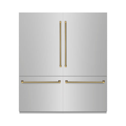 ZLINE Autograph Edition 72 in. 39.6 cu. ft. French Door Built-In Bottom Freezer Refrigerator with Water Dispensers and Ice Makers in Stainless Steel with Graphite Gray Interior and Polished Gold Helix Handles (GRBITZ-30472KG)