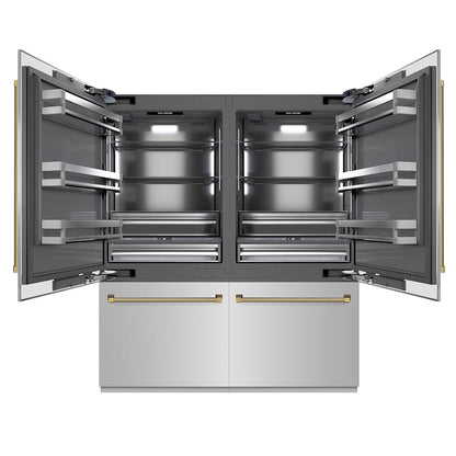 ZLINE Autograph Edition 72 in. 39.6 cu. ft. French Door Built-In Bottom Freezer Refrigerator with Water Dispensers and Ice Makers in Stainless Steel with Graphite Gray Interior and Polished Gold Helix Handles (GRBITZ-30472KG)