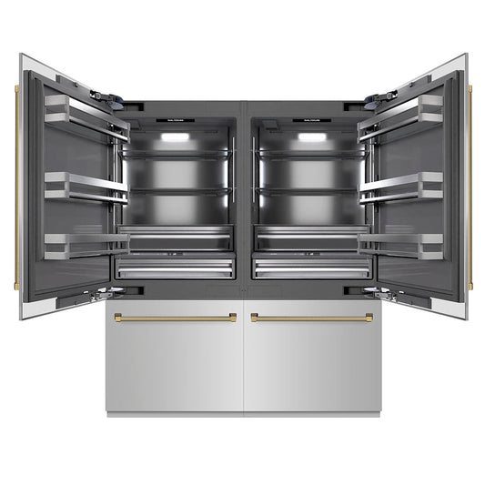 ZLINE Autograph Edition 72 in. 39.6 cu. ft. French Door Built-In Bottom Freezer Refrigerator with Water Dispensers and Ice Makers in Stainless Steel with Graphite Gray Interior and Polished Gold Helix Handles (GRBITZ-30472KG)