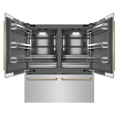 ZLINE Autograph Edition 72 in. 39.6 cu. ft. French Door Built-In Bottom Freezer Refrigerator with Water Dispensers and Ice Makers in Stainless Steel with Graphite Gray Interior and Polished Gold Helix Handles (GRBITZ-30472KG)