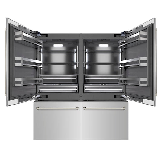 ZLINE Autograph Edition 72 in. 39.6 cu. ft. French Door Built-In Bottom Freezer Refrigerator with Water Dispensers and Ice Makers in Stainless Steel with Graphite Gray Interior and Polished Nickel Helix Handles (GRBITZ-30472KPN)