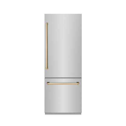 ZLINE Autograph Edition 30 in. 16.1 cu. ft. Built-In Bottom Freezer Refrigerator with Water Dispenser and Ice Maker in Stainless Steel with Graphite Gray Interior and Polished Gold Accents (GRBIVZ-304-30G)