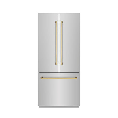 ZLINE Autograph Edition 36 in. 19.6 cu. ft. French Door Built-In Bottom Freezer Refrigerator with Water Dispenser and Ice Maker in Stainless Steel with Graphite Gray Interior and Polished Gold Accents (GRBIVZ-304-36G)