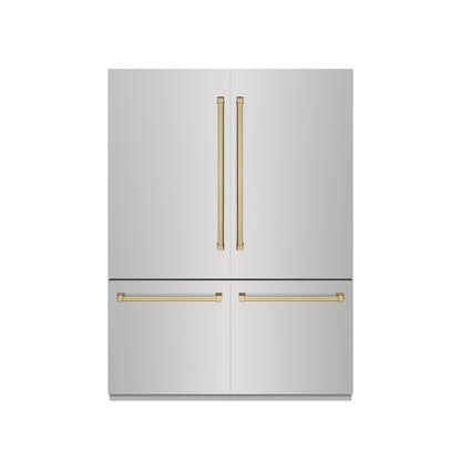 ZLINE Autograph Edition 60 in. 32.2 cu. ft. French Door Built-In Bottom Freezer Refrigerator with Water Dispenser and Ice Maker in Stainless Steel with Graphite Gray Interior and Champagne Bronze Accents (GRBIVZ-304-60CB)