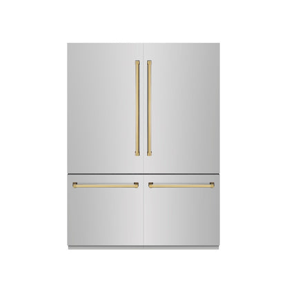 ZLINE Autograph Edition 60 in. 32.2 cu. ft. French Door Built-In Bottom Freezer Refrigerator with Water Dispenser and Ice Maker in Stainless Steel with Graphite Gray Interior and Polished Gold Accents (GRBIVZ-304-60G)