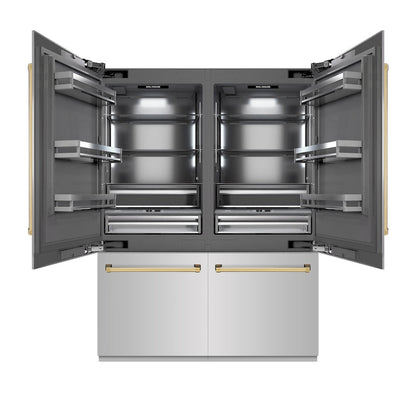 ZLINE Autograph Edition 60 in. 32.2 cu. ft. French Door Built-In Bottom Freezer Refrigerator with Water Dispenser and Ice Maker in Stainless Steel with Graphite Gray Interior and Polished Gold Accents (GRBIVZ-304-60G)