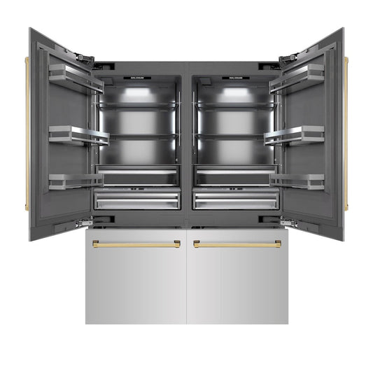 ZLINE Autograph Edition 60 in. 32.2 cu. ft. French Door Built-In Bottom Freezer Refrigerator with Water Dispenser and Ice Maker in Stainless Steel with Graphite Gray Interior and Polished Gold Accents (GRBIVZ-304-60G)