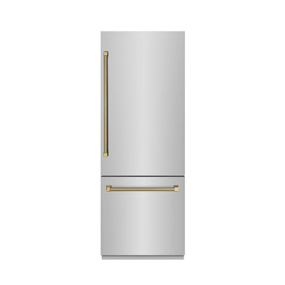 ZLINE Autograph Edition 30 in. 16.1 cu. ft. Built-In Bottom Freezer Refrigerator with Water Dispenser and Ice Maker in Stainless Steel with Graphite Gray Interior and Champagne Bronze Helix Handles (GRBIVZ-30430KCB)