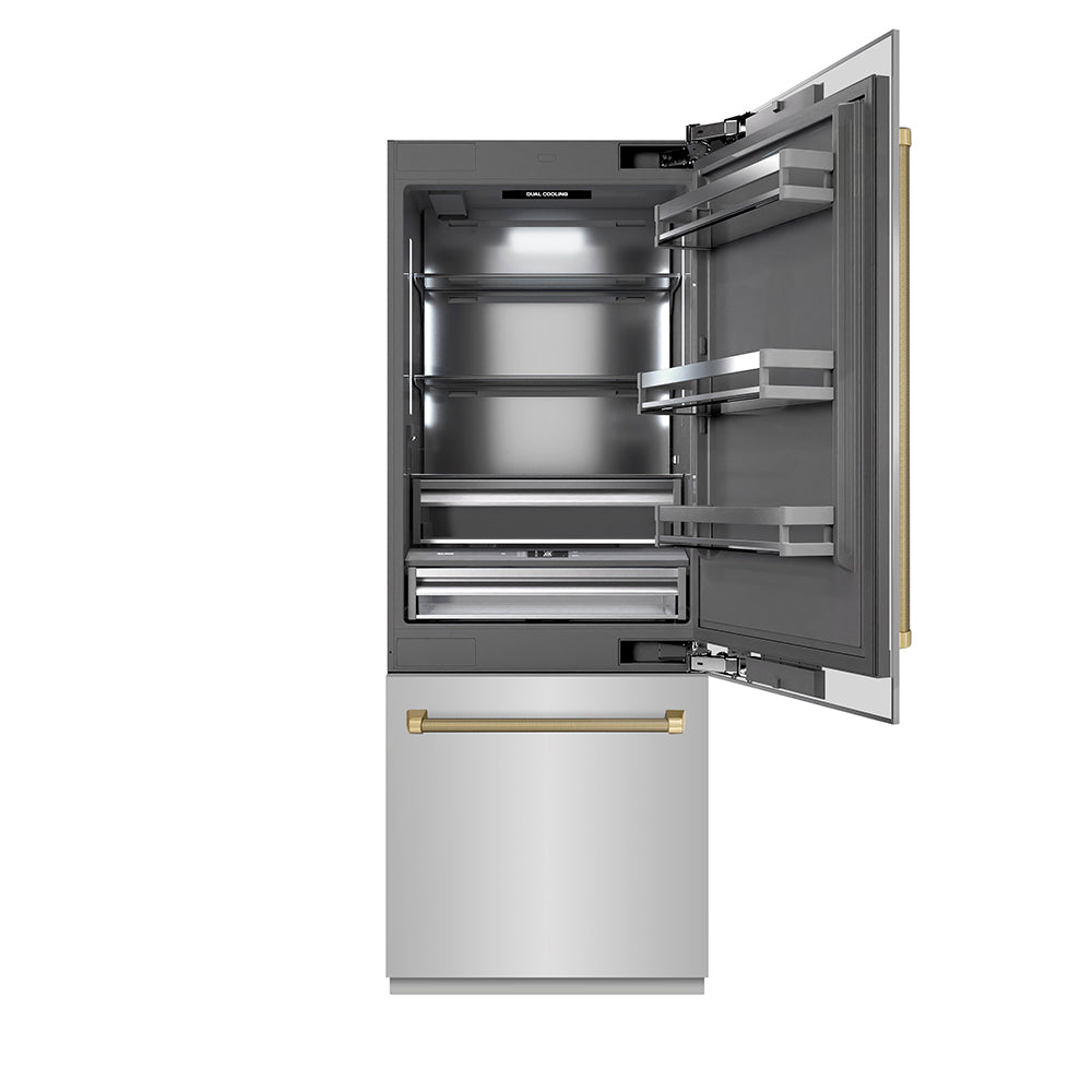 ZLINE Autograph Edition 30 in. 16.1 cu. ft. Built-In Bottom Freezer Refrigerator with Water Dispenser and Ice Maker in Stainless Steel with Graphite Gray Interior and Champagne Bronze Helix Handles (GRBIVZ-30430KCB)