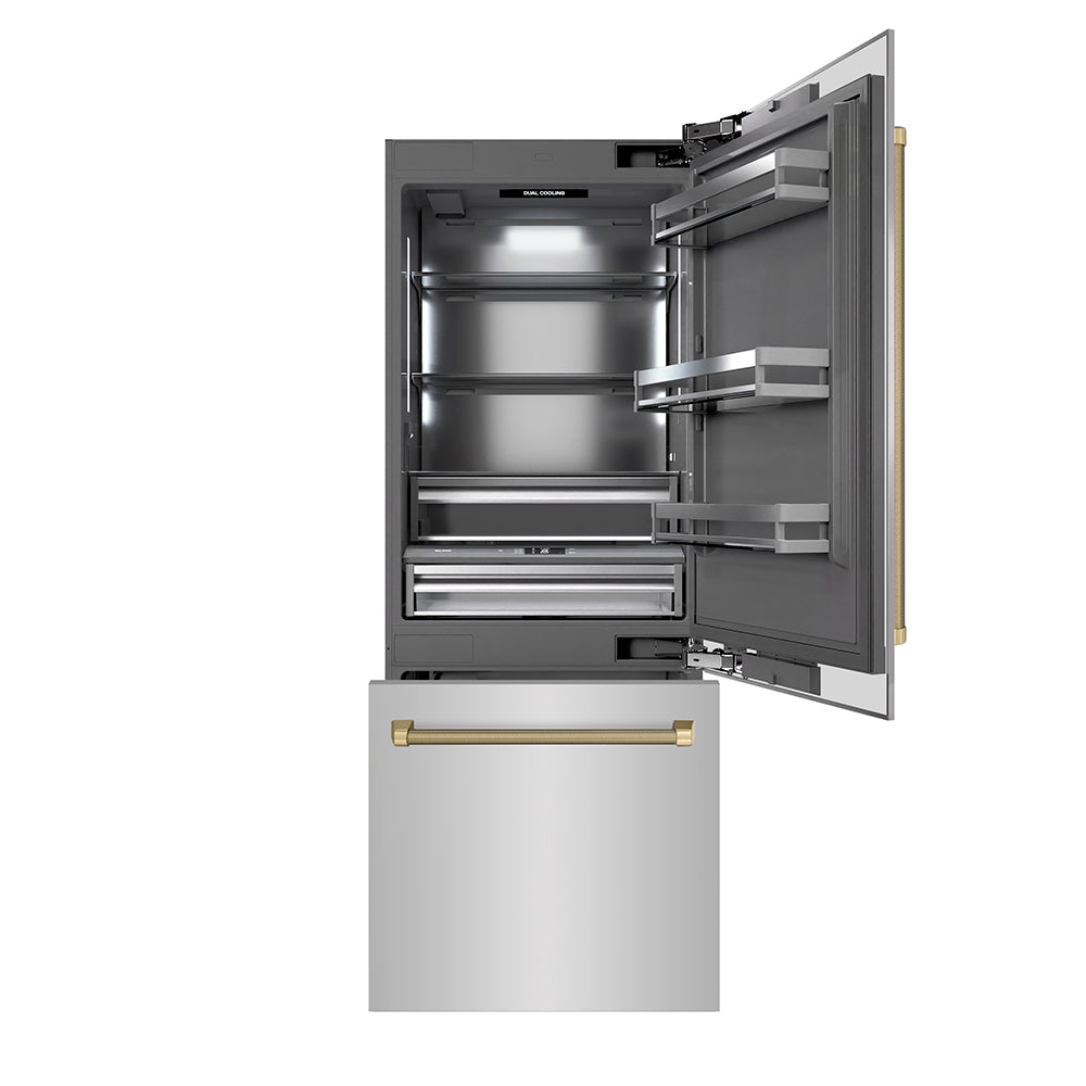 ZLINE Autograph Edition 30 in. 16.1 cu. ft. Built-In Bottom Freezer Refrigerator with Water Dispenser and Ice Maker in Stainless Steel with Graphite Gray Interior and Champagne Bronze Helix Handles (GRBIVZ-30430KCB)