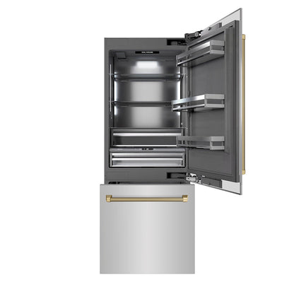 ZLINE Autograph Edition 30 in. 16.1 cu. ft. Built-In Bottom Freezer Refrigerator with Water Dispenser and Ice Maker in Stainless Steel with Graphite Gray Interior and Champagne Bronze Helix Handles (GRBIVZ-30430KCB)