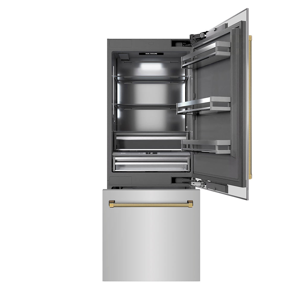 ZLINE Autograph Edition 30 in. 16.1 cu. ft. Built-In Bottom Freezer Refrigerator with Water Dispenser and Ice Maker in Stainless Steel with Graphite Gray Interior and Polished Gold Helix Handles (GRBIVZ-30430KG)
