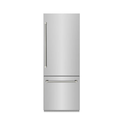 ZLINE Autograph Edition 30 in. 16.1 cu. ft. Built-In Bottom Freezer Refrigerator with Water Dispenser and Ice Maker in Stainless Steel with Graphite Gray Interior and Polished Nickel Helix Handles (GRBIVZ-30430KPN)