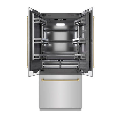 ZLINE Autograph Edition 36 in. 19.6 cu. ft. French Door Built-In Bottom Freezer Refrigerator with Water Dispenser and Ice Maker in Stainless Steel with Graphite Gray Interior and Champagne Bronze Helix Handles (GRBIVZ-30436KCB)