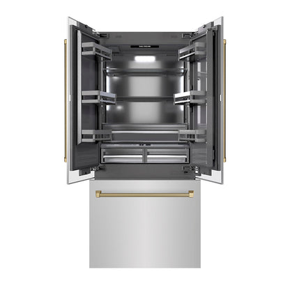 ZLINE Autograph Edition 36 in. 19.6 cu. ft. French Door Built-In Bottom Freezer Refrigerator with Water Dispenser and Ice Maker in Stainless Steel with Graphite Gray Interior and Champagne Bronze Helix Handles (GRBIVZ-30436KCB)
