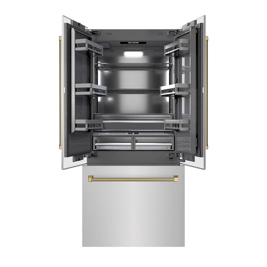 ZLINE Autograph Edition 36 in. 19.6 cu. ft. French Door Built-In Bottom Freezer Refrigerator with Water Dispenser and Ice Maker in Stainless Steel with Graphite Gray Interior and Champagne Bronze Helix Handles (GRBIVZ-30436KCB)