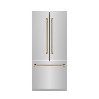 ZLINE Autograph Edition 36 in. 19.6 cu. ft. French Door Built-In Bottom Freezer Refrigerator with Water Dispenser and Ice Maker in Stainless Steel with Graphite Gray Interior and Polished Gold Helix Handles (GRBIVZ-30436KG)