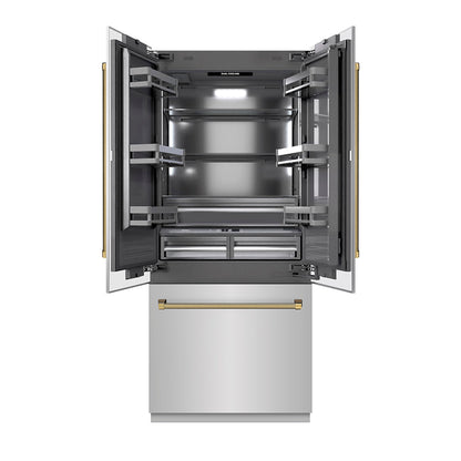ZLINE Autograph Edition 36 in. 19.6 cu. ft. French Door Built-In Bottom Freezer Refrigerator with Water Dispenser and Ice Maker in Stainless Steel with Graphite Gray Interior and Polished Gold Helix Handles (GRBIVZ-30436KG)