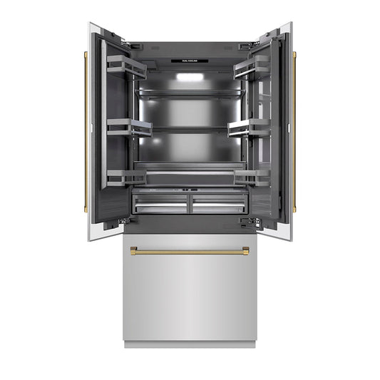ZLINE Autograph Edition 36 in. 19.6 cu. ft. French Door Built-In Bottom Freezer Refrigerator with Water Dispenser and Ice Maker in Stainless Steel with Graphite Gray Interior and Polished Gold Helix Handles (GRBIVZ-30436KG)