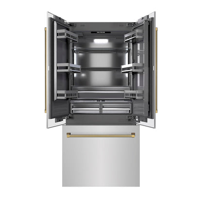 ZLINE Autograph Edition 36 in. 19.6 cu. ft. French Door Built-In Bottom Freezer Refrigerator with Water Dispenser and Ice Maker in Stainless Steel with Graphite Gray Interior and Polished Gold Helix Handles (GRBIVZ-30436KG)