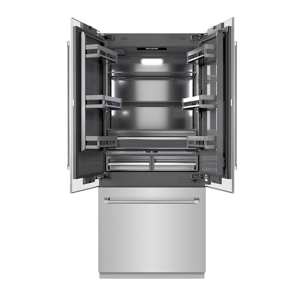 ZLINE Autograph Edition 36 in. 19.6 cu. ft. French Door Built-In Bottom Freezer Refrigerator with Water Dispenser and Ice Maker in Stainless Steel with Graphite Gray Interior and Polished Nickel Helix Handles (GRBIVZ-30436KPN)