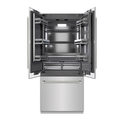 ZLINE Autograph Edition 36 in. 19.6 cu. ft. French Door Built-In Bottom Freezer Refrigerator with Water Dispenser and Ice Maker in Stainless Steel with Graphite Gray Interior and Polished Nickel Helix Handles (GRBIVZ-30436KPN)